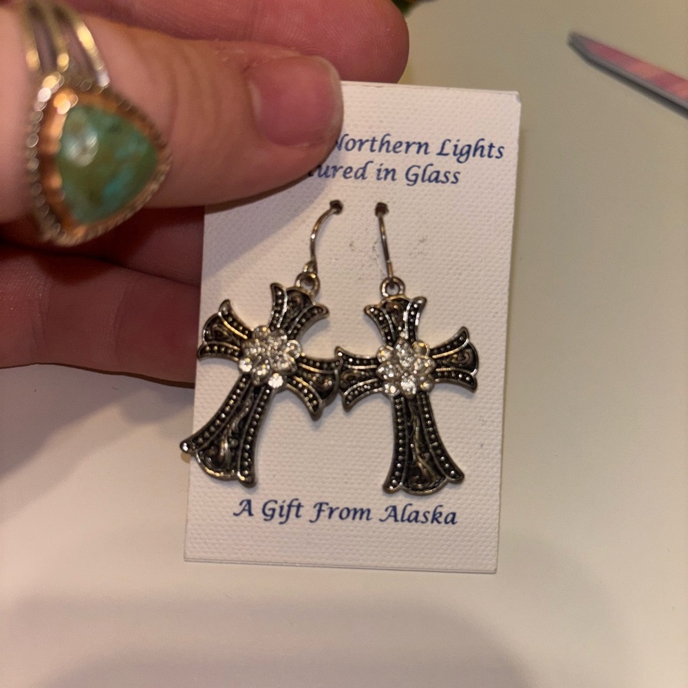 Ornate Cross Earrings with Crystal Details